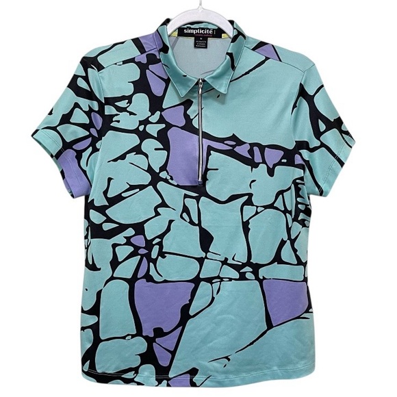 jamie sadock Tops - Jamie Sadock Simplicite Aqua Blue Purple Abstract Golf Polo Athleisure Size M